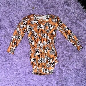 Orange Skull and Flower Print Long Sleeve Romper